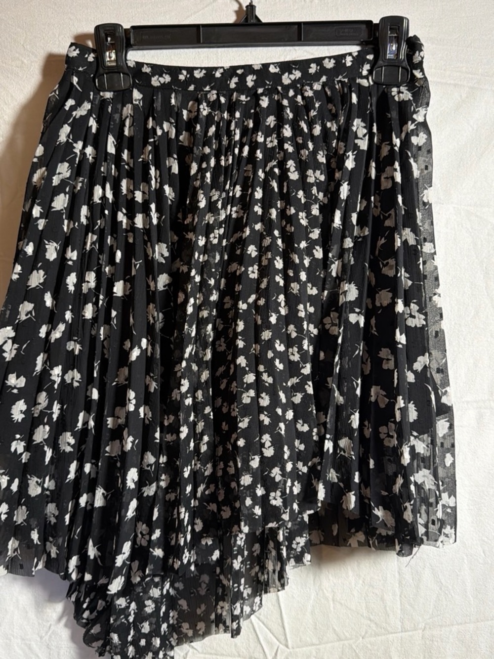 AllSaints Black and White Floral High-Low Pleated Skirt